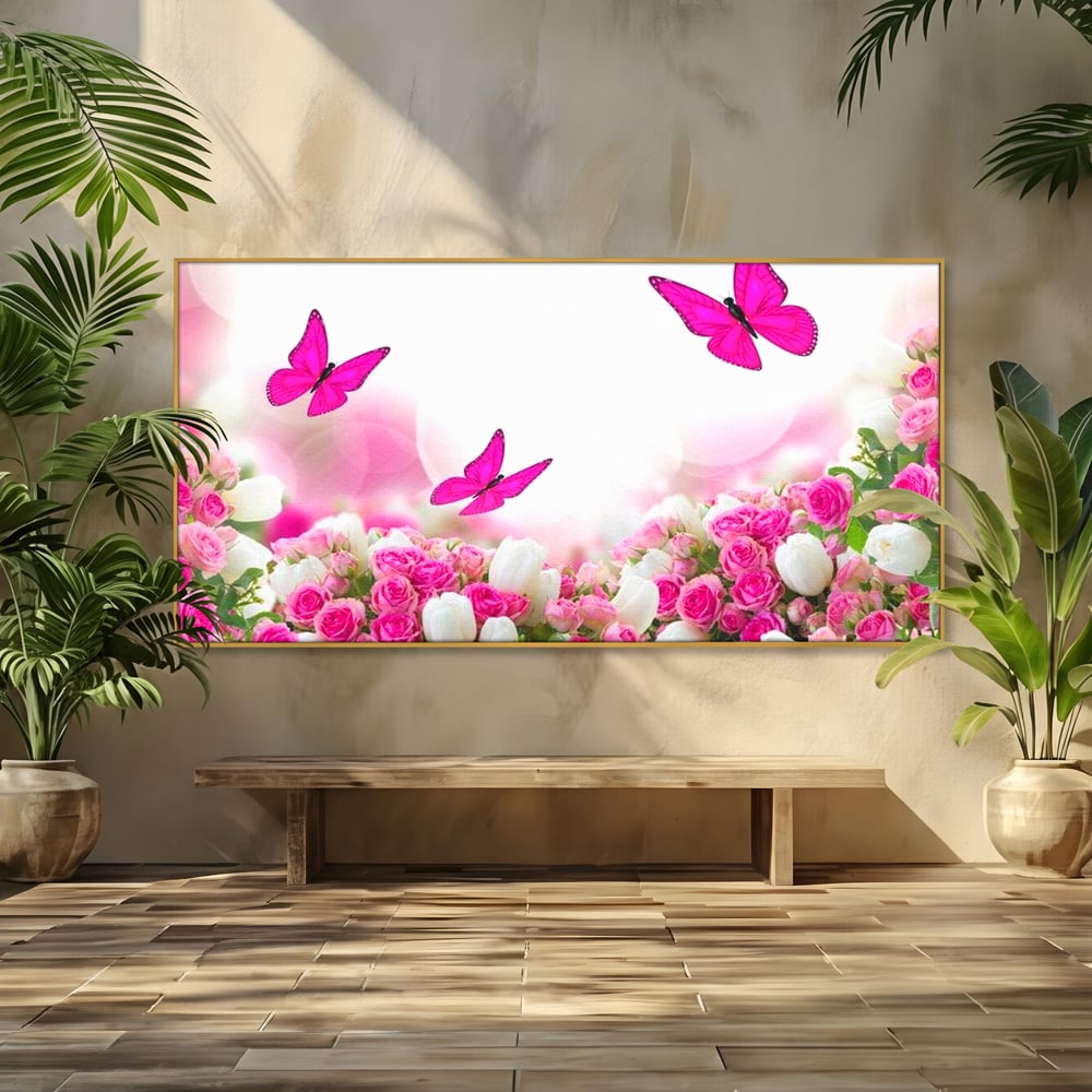Tablou canvas cu tablou canvas cu trandafiri roz si fluturi, in rama de aluminiu auriu